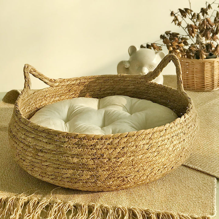 Four-Season Rattan Cat Scratching Board & Bed with Removable Washable Cushion