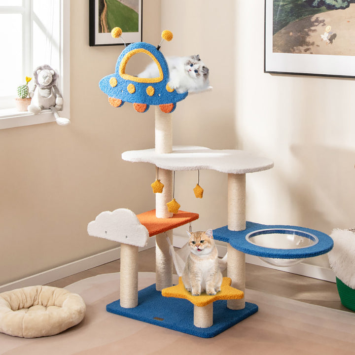 49" Tall Cat Tree Tower with UFO Space Capsule Top Perch & Sisal Scratching Posts – Multi-Level Cat Climbing Activity Center for Indoor Cats