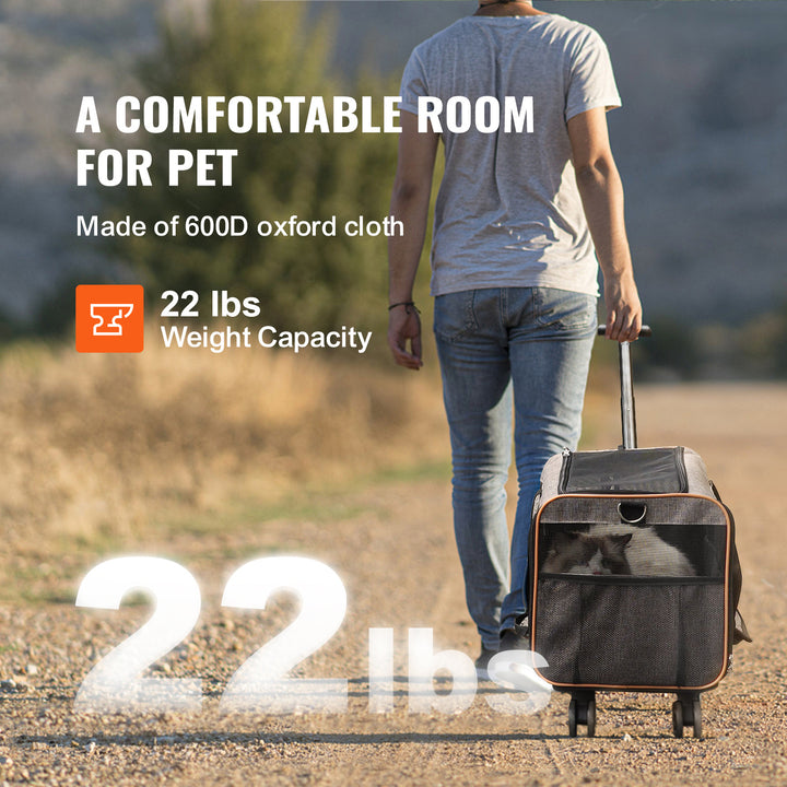 VEVOR Cat & Dog Carrier With Wheels – Airline Approved Rolling Pet Travel Bag with Telescopic Handle, Shoulder Strap & Folding Bowl (Pets Under 22 lbs, Grey)