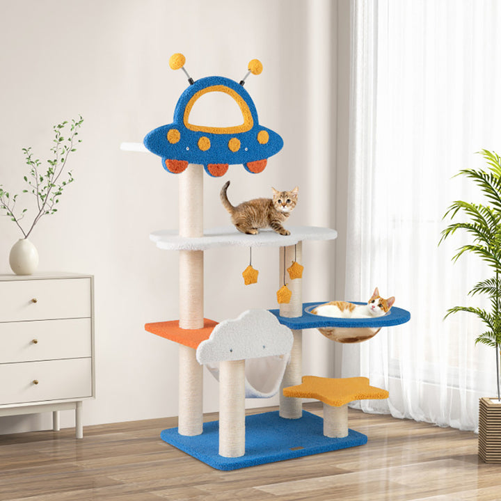 49" Tall Cat Tree Tower with UFO Space Capsule Top Perch & Sisal Scratching Posts – Multi-Level Cat Climbing Activity Center for Indoor Cats