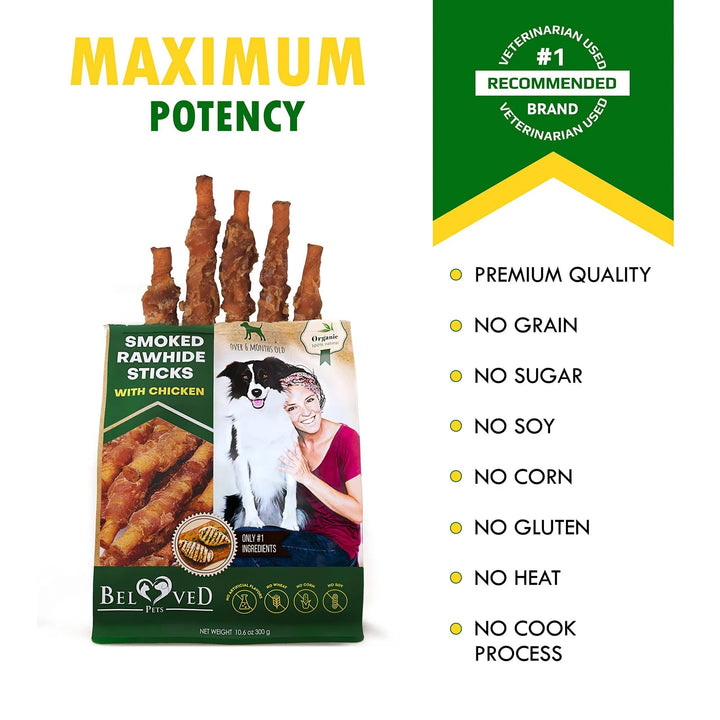 Dog Smoked Rawhide Sticks Wrapped Chicken, Pet Natural Chew Treats Grain Free Organic