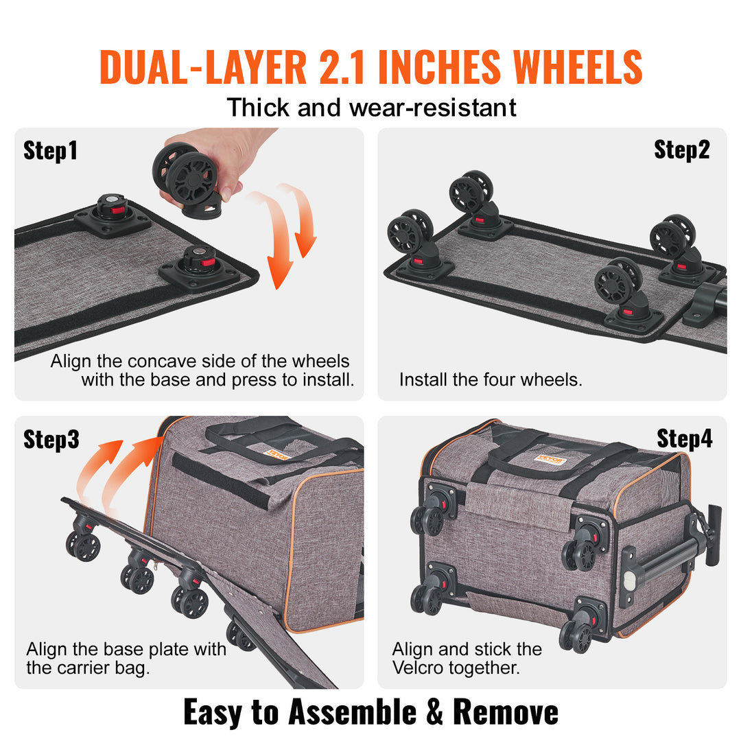 VEVOR Cat & Dog Carrier With Wheels – Airline Approved Rolling Pet Travel Bag with Telescopic Handle, Shoulder Strap & Folding Bowl (Pets Under 22 lbs, Grey)