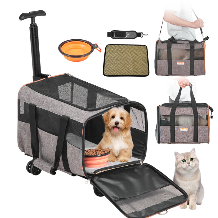 VEVOR Cat & Dog Carrier With Wheels – Airline Approved Rolling Pet Travel Bag with Telescopic Handle, Shoulder Strap & Folding Bowl (Pets Under 22 lbs, Grey)