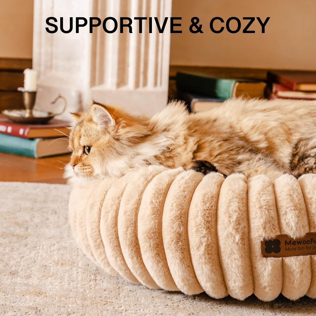 MEWOOFUN Donut Cat Bed – Fluffy Washable Round Calming Bed for Indoor Cats, Kittens & Small Dogs | Soft Plush Non-Slip Pet Bed (Light Brown)