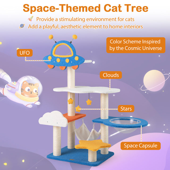49" Tall Cat Tree Tower with UFO Space Capsule Top Perch & Sisal Scratching Posts – Multi-Level Cat Climbing Activity Center for Indoor Cats