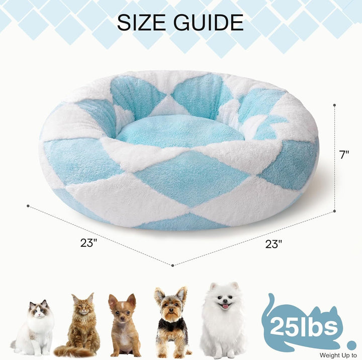 Round Plush Pet Bed – Washable Calming Dog & Cat Bed with Non-Slip Bottom, Soft Puppy & Kitten Cushion, 23 Inch Blue Check