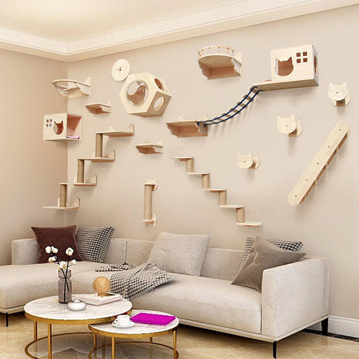 Wall-Mounted Solid Wood Cat Climbing Platform & Ladder