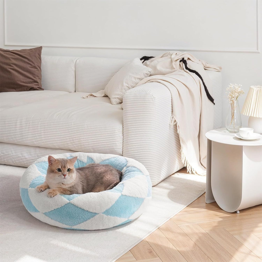 Round Plush Pet Bed – Washable Calming Dog & Cat Bed with Non-Slip Bottom, Soft Puppy & Kitten Cushion, 23 Inch Blue Check