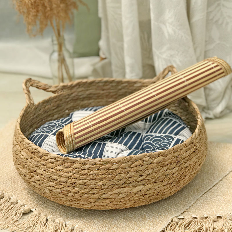 Four-Season Rattan Cat Scratching Board & Bed with Removable Washable Cushion