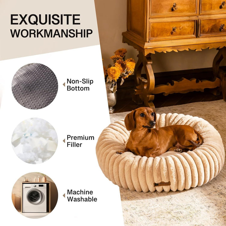 MEWOOFUN Donut Cat Bed – Fluffy Washable Round Calming Bed for Indoor Cats, Kittens & Small Dogs | Soft Plush Non-Slip Pet Bed (Light Brown)
