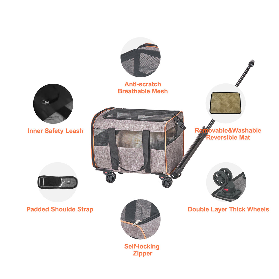 VEVOR Cat & Dog Carrier With Wheels – Airline Approved Rolling Pet Travel Bag with Telescopic Handle, Shoulder Strap & Folding Bowl (Pets Under 22 lbs, Grey)