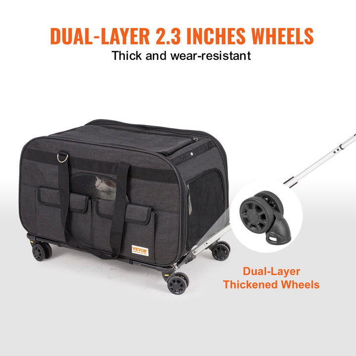 Cat Carrier With Wheels, Rolling Pet Carrier With Telescopic Handle And Shoulder Strap, Dog Carrier With Wheels For Pets Under 35 Lbs, With 1 Folding Bowl, Black