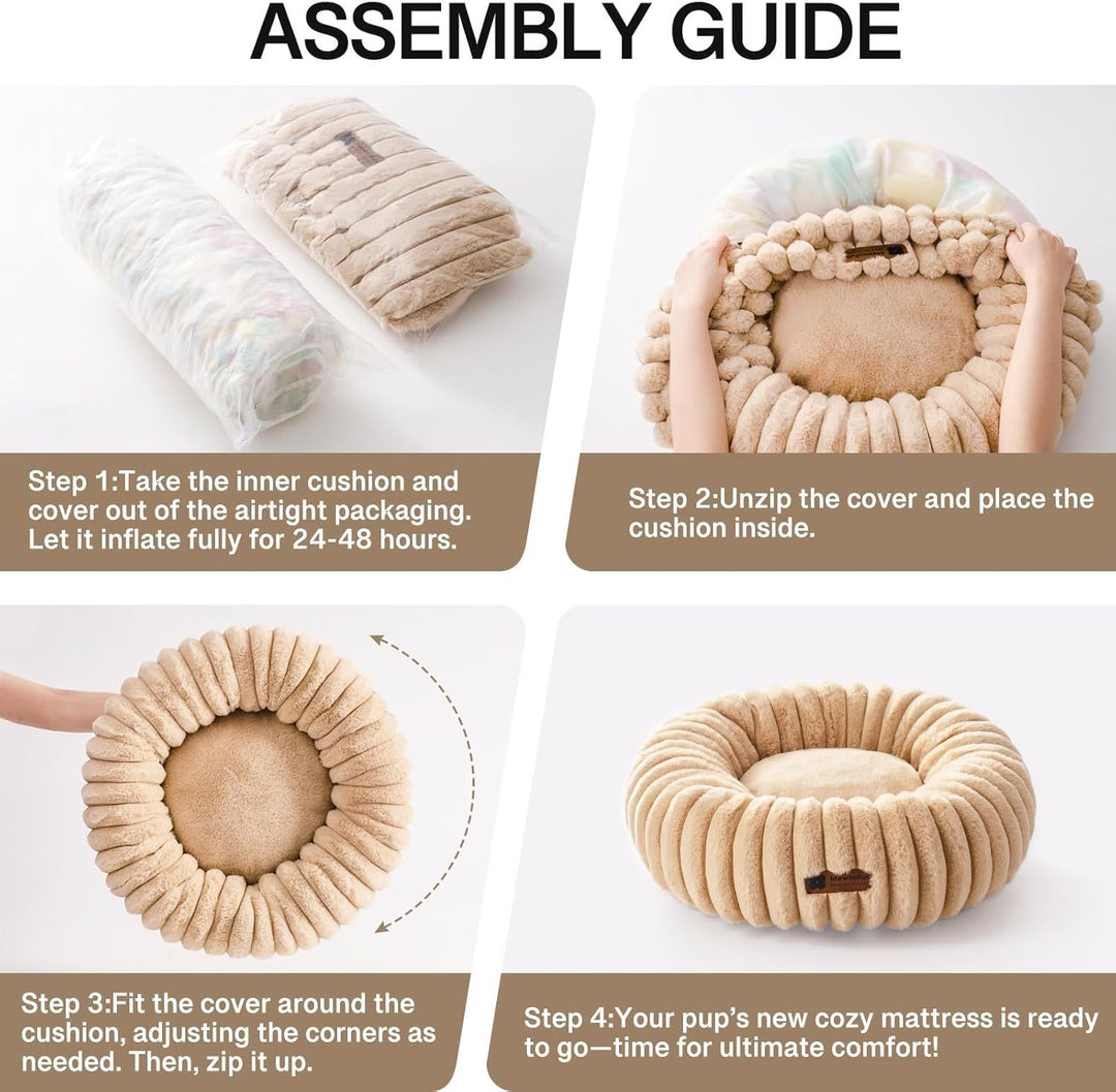 MEWOOFUN Donut Cat Bed – Fluffy Washable Round Calming Bed for Indoor Cats, Kittens & Small Dogs | Soft Plush Non-Slip Pet Bed (Light Brown)