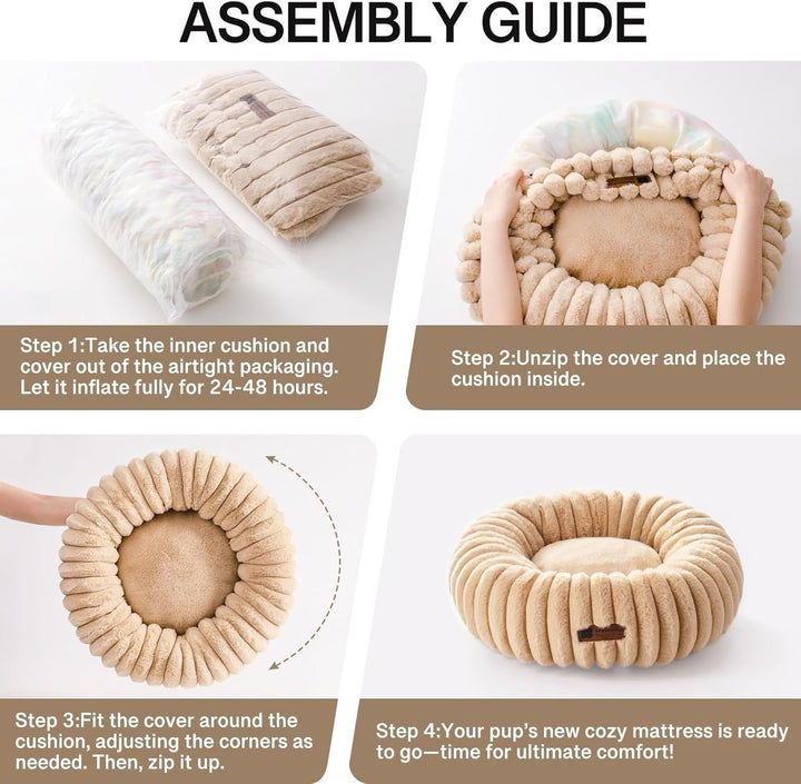 MEWOOFUN Donut Cat Bed – Fluffy Washable Round Calming Bed for Indoor Cats, Kittens & Small Dogs | Soft Plush Non-Slip Pet Bed (Light Brown)