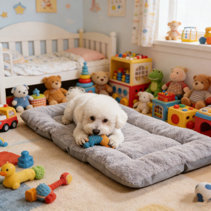 Soft Gray Plush Dog Sofa Bed Mat for Crates and Travel