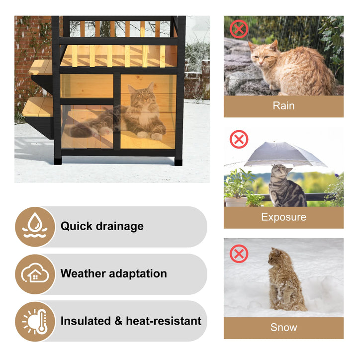 23.6-Inch Wooden Cat House with Balcony and Escape Door