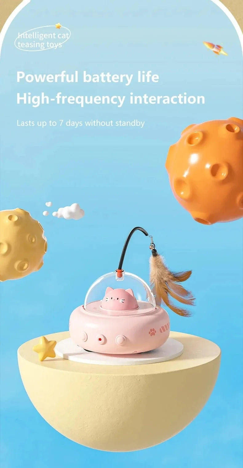 Electric UFO Cat Toy with Bell and Replaceable Feather