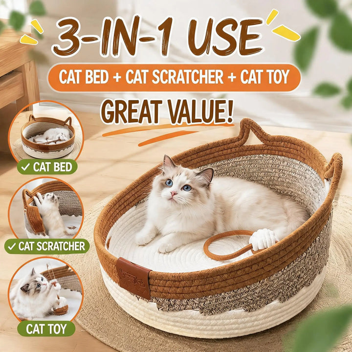 Cotton Rope Cat Bed with Removable Cushion and Teaser Ball