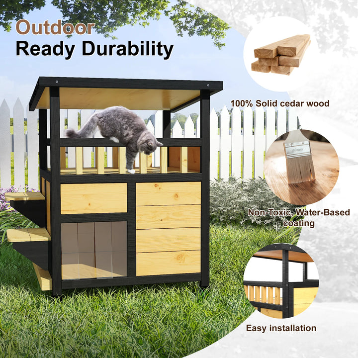23.6-Inch Wooden Cat House with Balcony and Escape Door