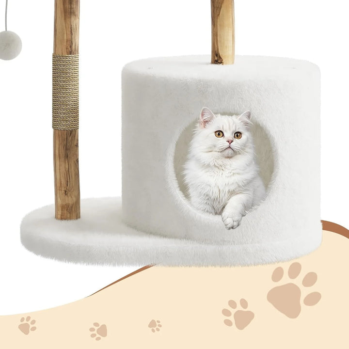 43 Inch Wooden Cat Tree Tower with Rattan Cat Perches