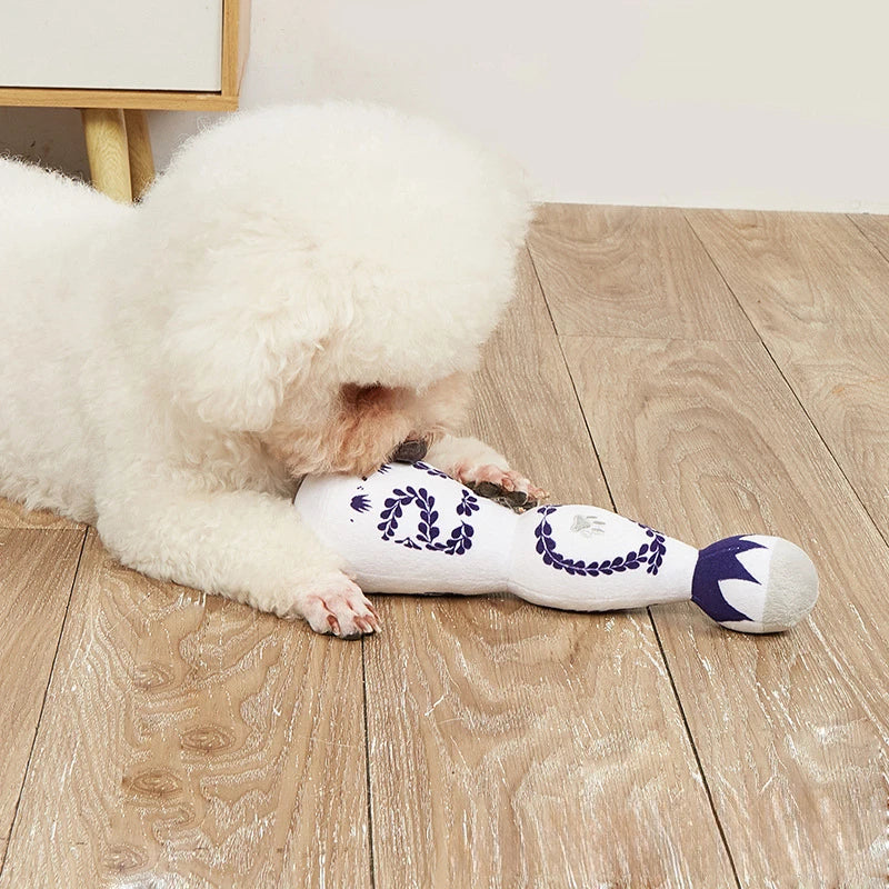 Funny Tequila Plush Dog Toy with Squeaker in Blue