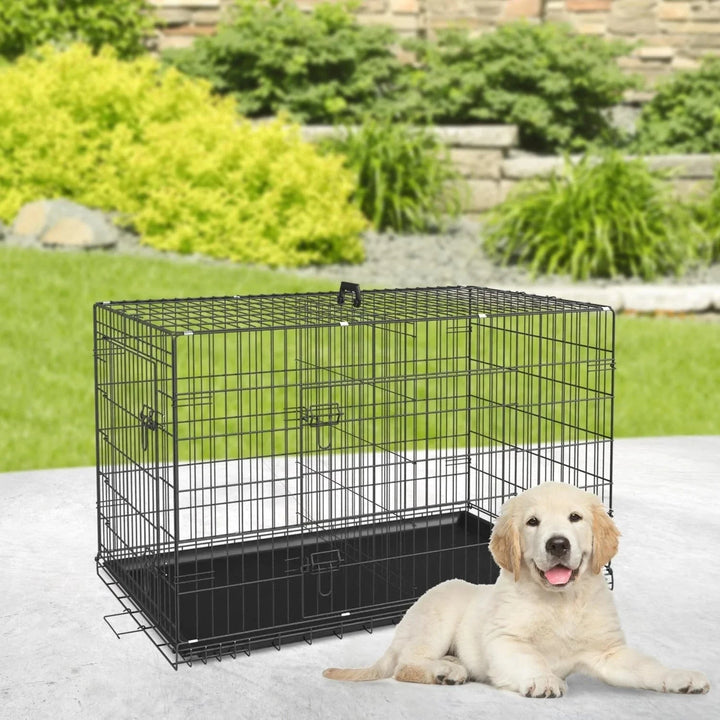 Folding Metal Dog Crate with Double Doors and Tray