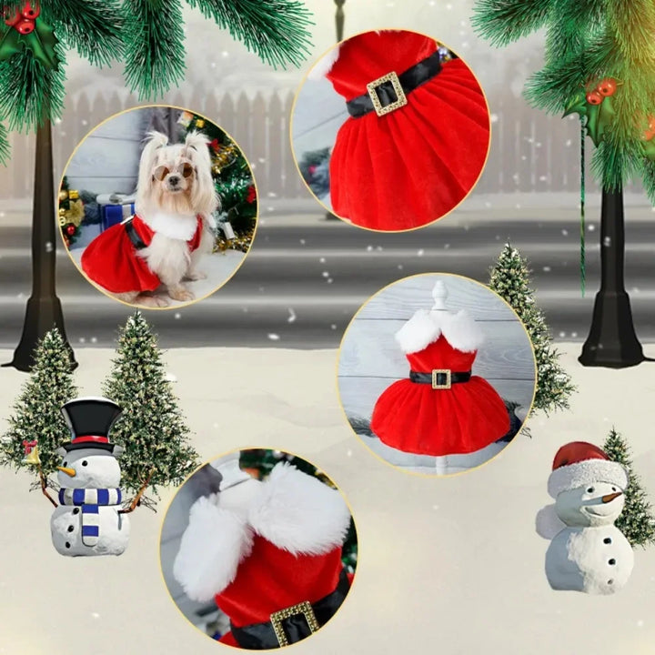Christmas Pet Dress – Warm Red Holiday Outfit with Bow for Cats & Small Dogs