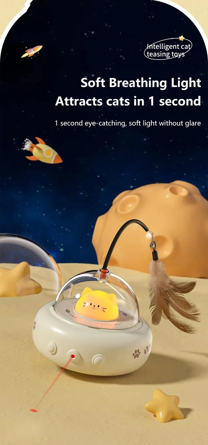 Electric UFO Cat Toy with Bell and Replaceable Feather