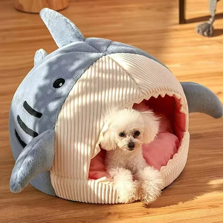 Cartoon Shark Cat Cave Bed – Warm Pet Tent with Cushion for Kittens & Small Dogs
