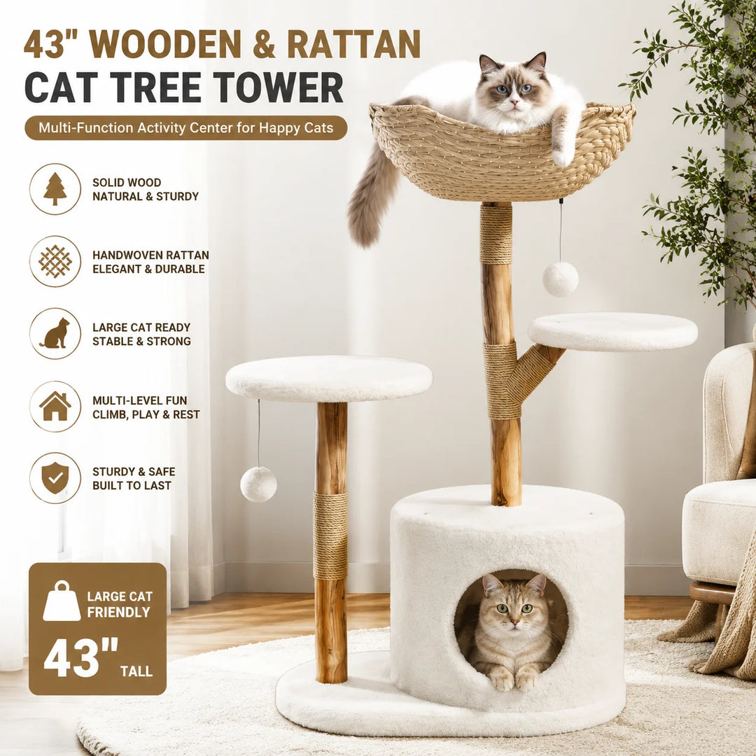 43 Inch Wooden Cat Tree Tower with Rattan Cat Perches