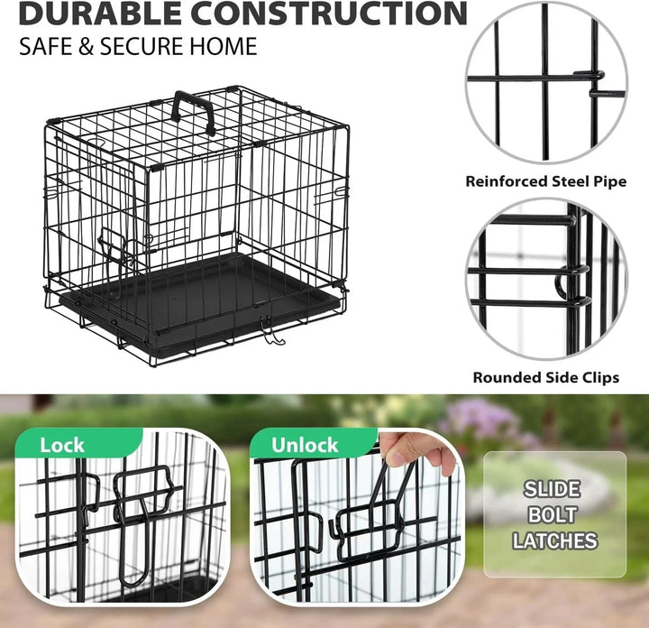 Folding Metal Dog Crate with Double Doors and Tray