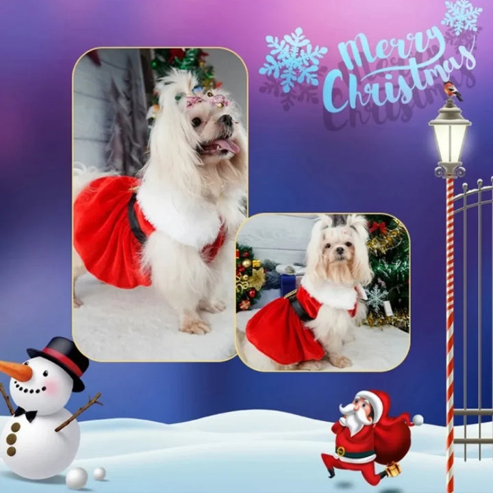 Christmas Pet Dress – Warm Red Holiday Outfit with Bow for Cats & Small Dogs