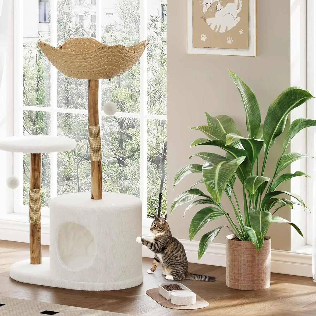 43 Inch Wooden Cat Tree Tower with Rattan Cat Perches