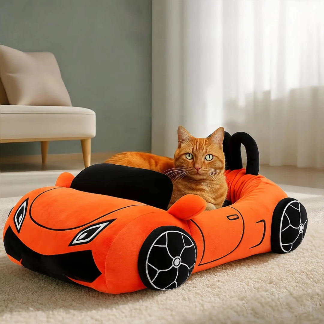 Orange Supercar Cat Bed with Pillow for Cats and Puppies