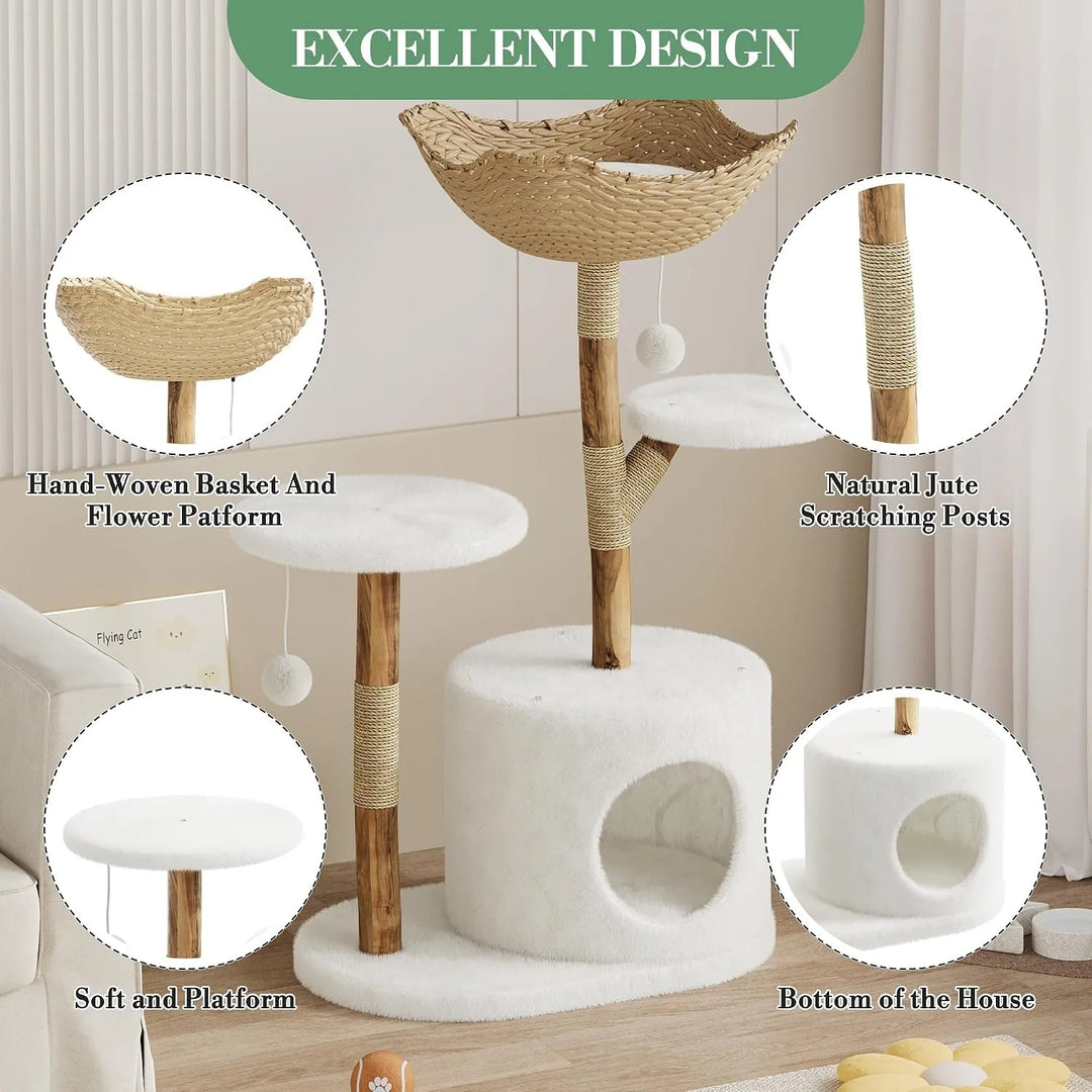 43 Inch Wooden Cat Tree Tower with Rattan Cat Perches