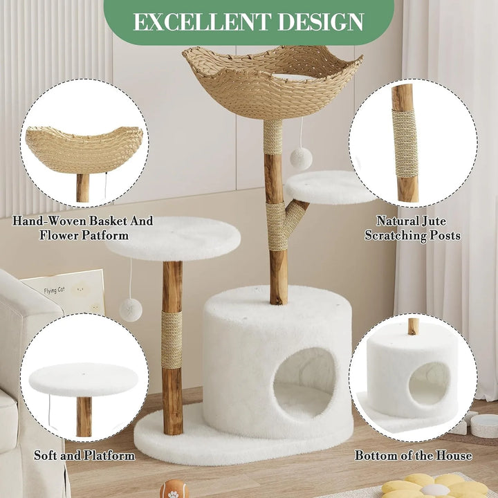 43 Inch Wooden Cat Tree Tower with Rattan Cat Perches