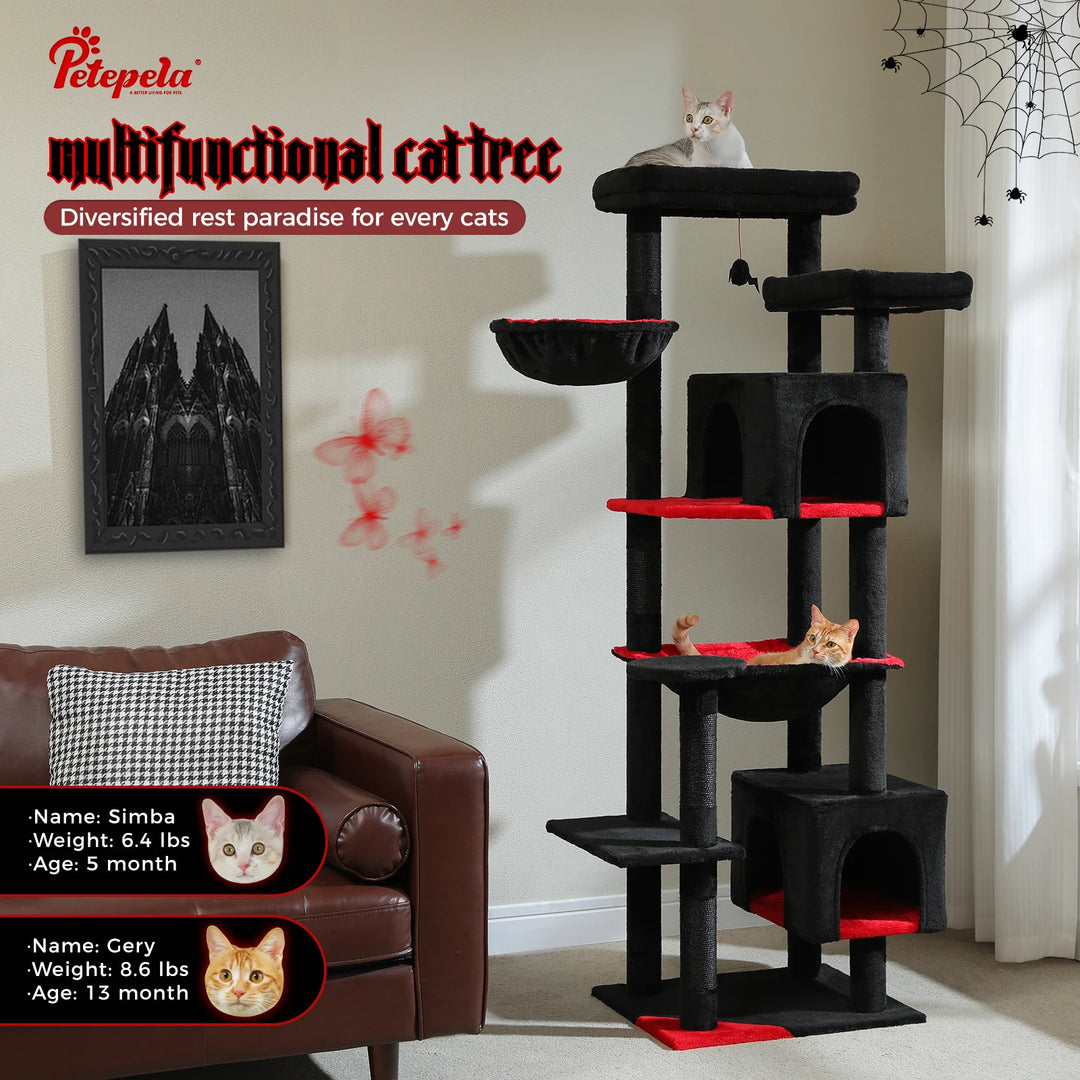 Tall Cat Tree Tower for Indoor Cats – Multi-Level Climbing Condo with Extra-Large Hammock & Scratching Posts | Sturdy Cat Furniture, Black