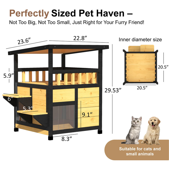 23.6-Inch Wooden Cat House with Balcony and Escape Door