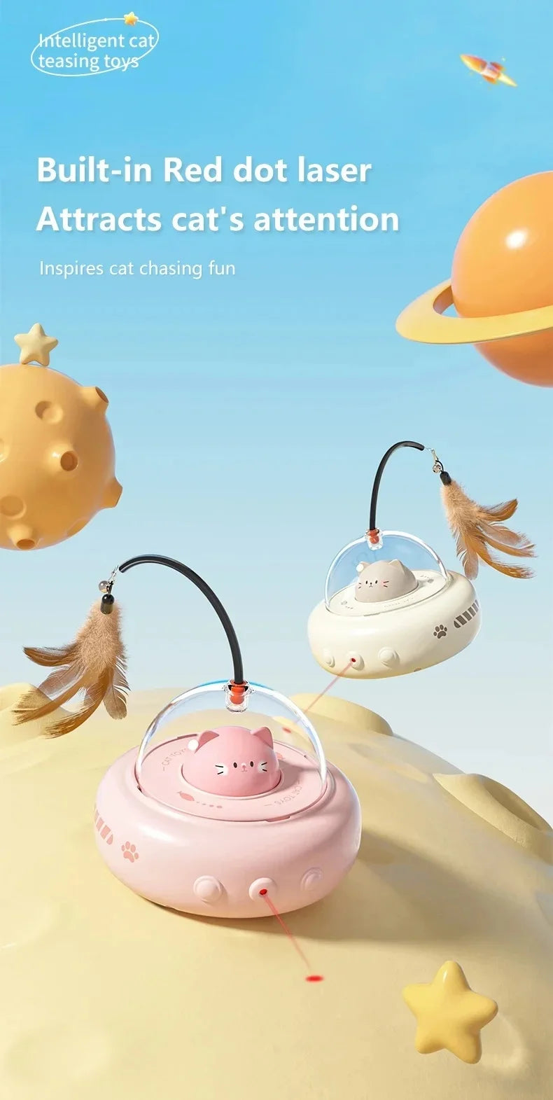 Electric UFO Cat Toy with Bell and Replaceable Feather
