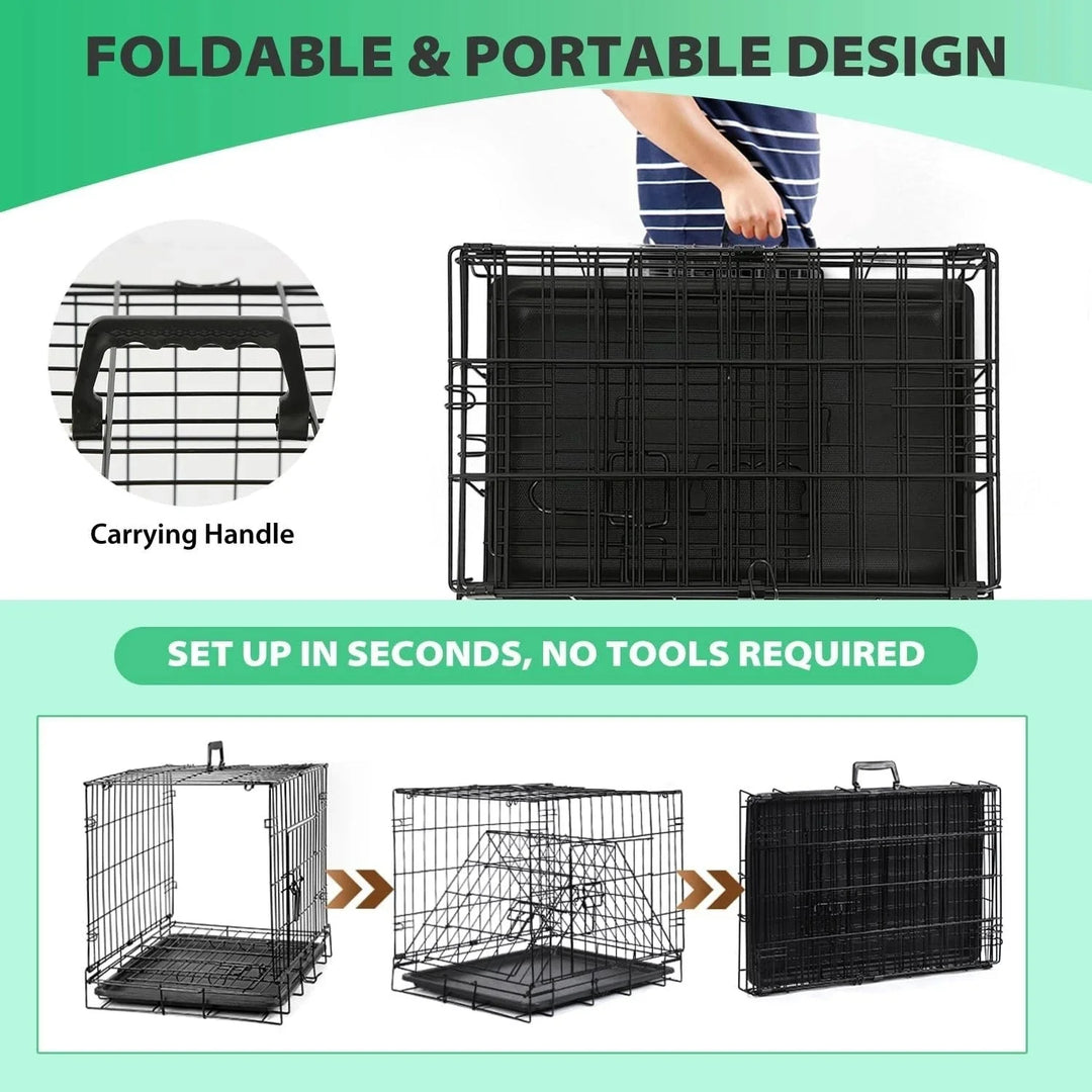 Folding Metal Dog Crate with Double Doors and Tray