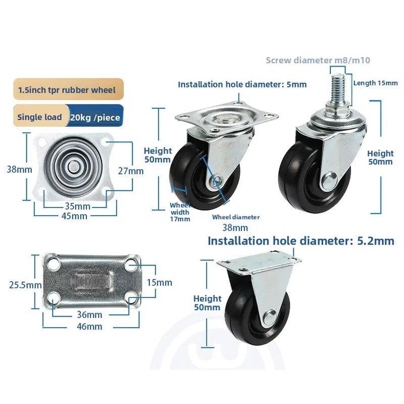 2 Pack Rubber Furniture Casters with Brake, 1.5–2 Inch