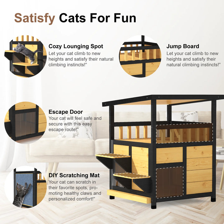 23.6-Inch Wooden Cat House with Balcony and Escape Door