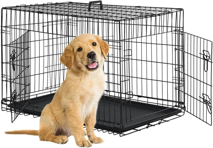 Folding Metal Dog Crate with Double Doors and Tray