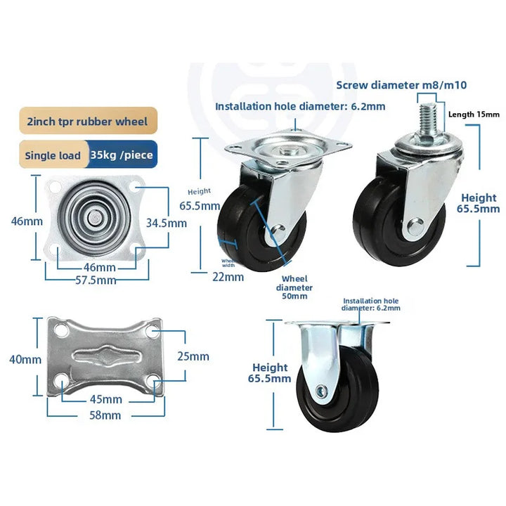2 Pack Rubber Furniture Casters with Brake, 1.5–2 Inch