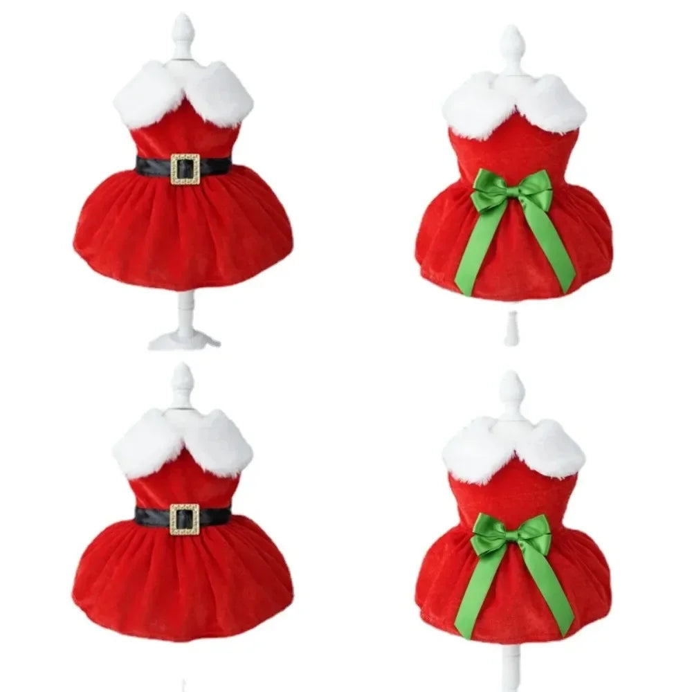 Christmas Pet Dress – Warm Red Holiday Outfit with Bow for Cats & Small Dogs