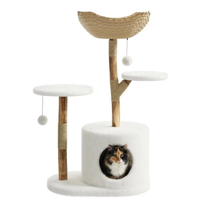 43 Inch Wooden Cat Tree Tower with Rattan Cat Perches