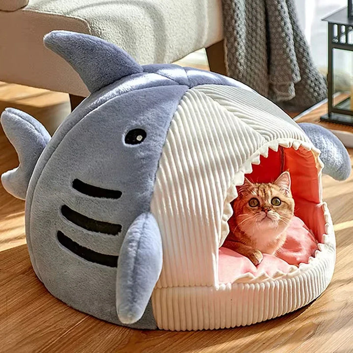 Cartoon Shark Cat Cave Bed – Warm Pet Tent with Cushion for Kittens & Small Dogs