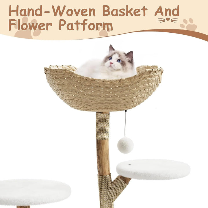 43 Inch Wooden Cat Tree Tower with Rattan Cat Perches