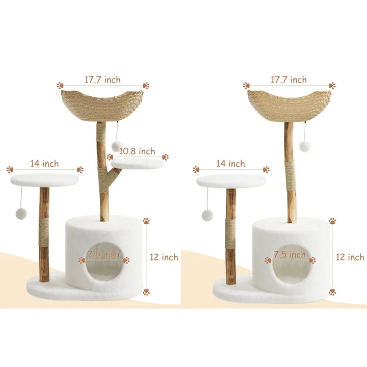 43 Inch Wooden Cat Tree Tower with Rattan Cat Perches