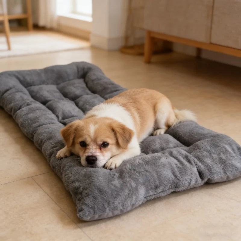 Soft Gray Plush Dog Sofa Bed Mat for Crates and Travel